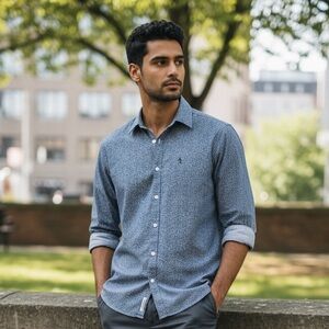 Original Penguin Blue Micro Print Button Up Shirt Slim Fit Long Sleeve Mens